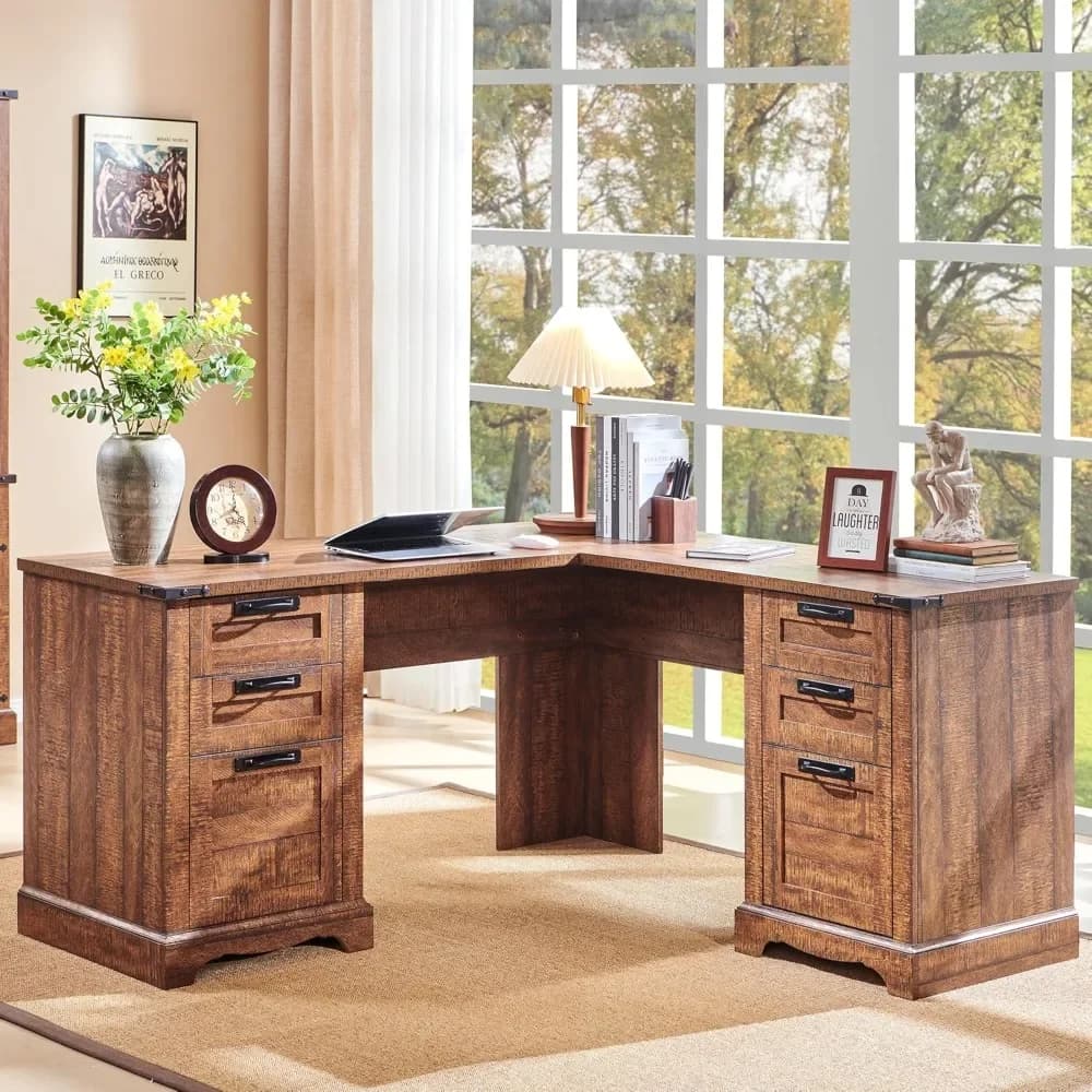 60" Farmhouse L Shaped  with Drawers, Wood Home Office Corner Executive  with Charging Station