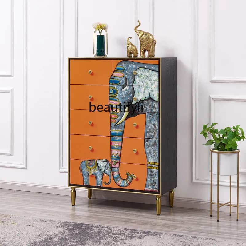 American light luxury chest of drawers hand-painted elephant solid wood drawer storage, bedroom side cabinet