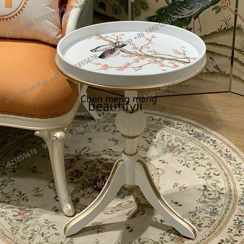 182C French Style Freehand Drawing Golden round Corner Table Small Apartment Living Room Furniture Flower-Bird Pattern Storage R