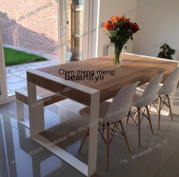 E153 Iron Art Solid Wood Dining Table American Style Dining Table and Chair Set Vintage Iron Art Nordic Cafe Milk Tea Shop Table