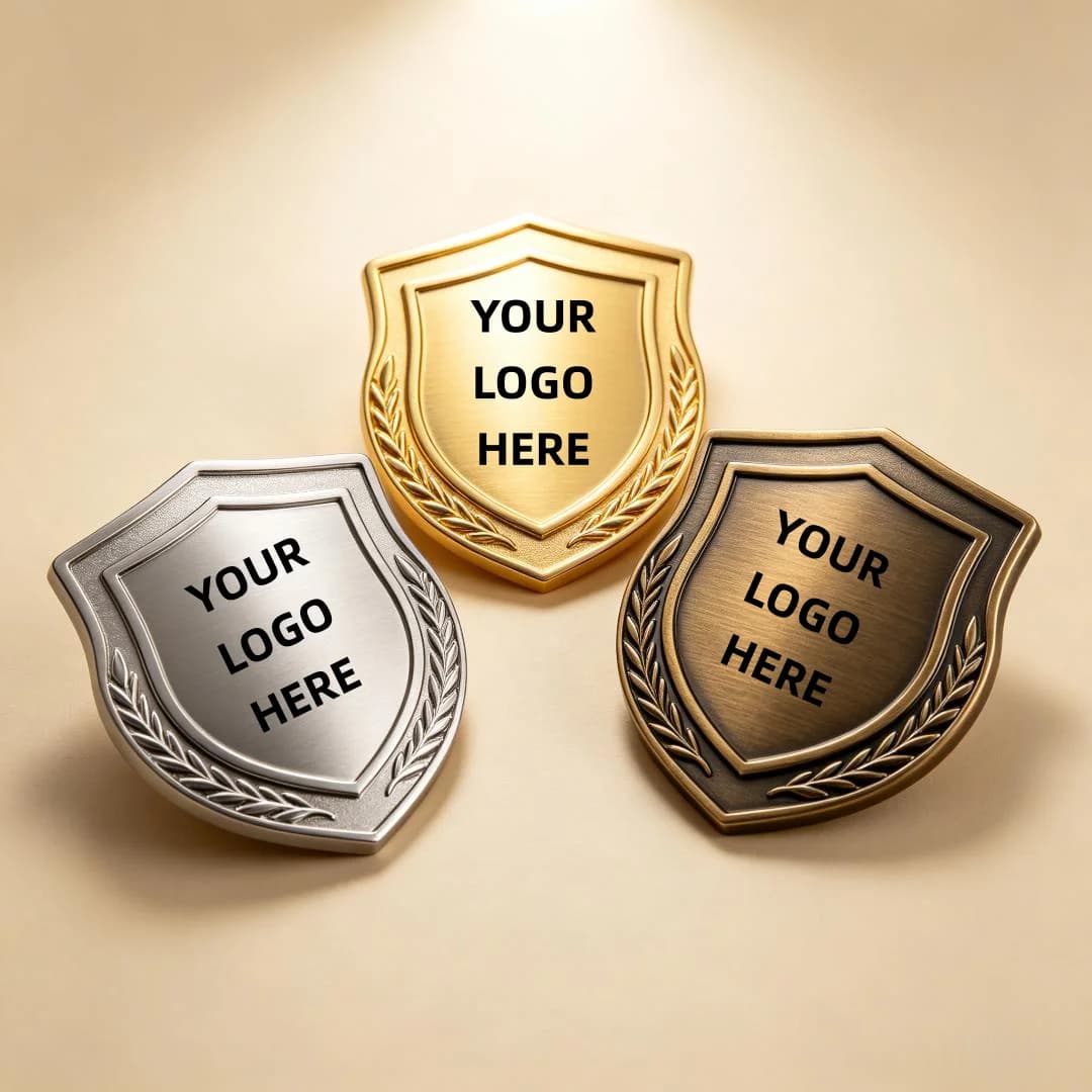 Custom Shield Shape Metal Badge, Die Struck Zinc Alloy Brass, Gold Silver Vintage Plated Blank Pin for Souvenir Award Gift