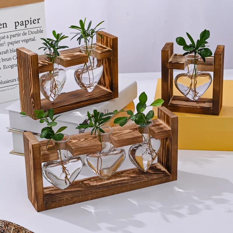 Creative Wooden‑Stand Hydroponic Small Vase, Ins‑Style Glass Bottle for Pothos Plants, Home Desktop Ornament