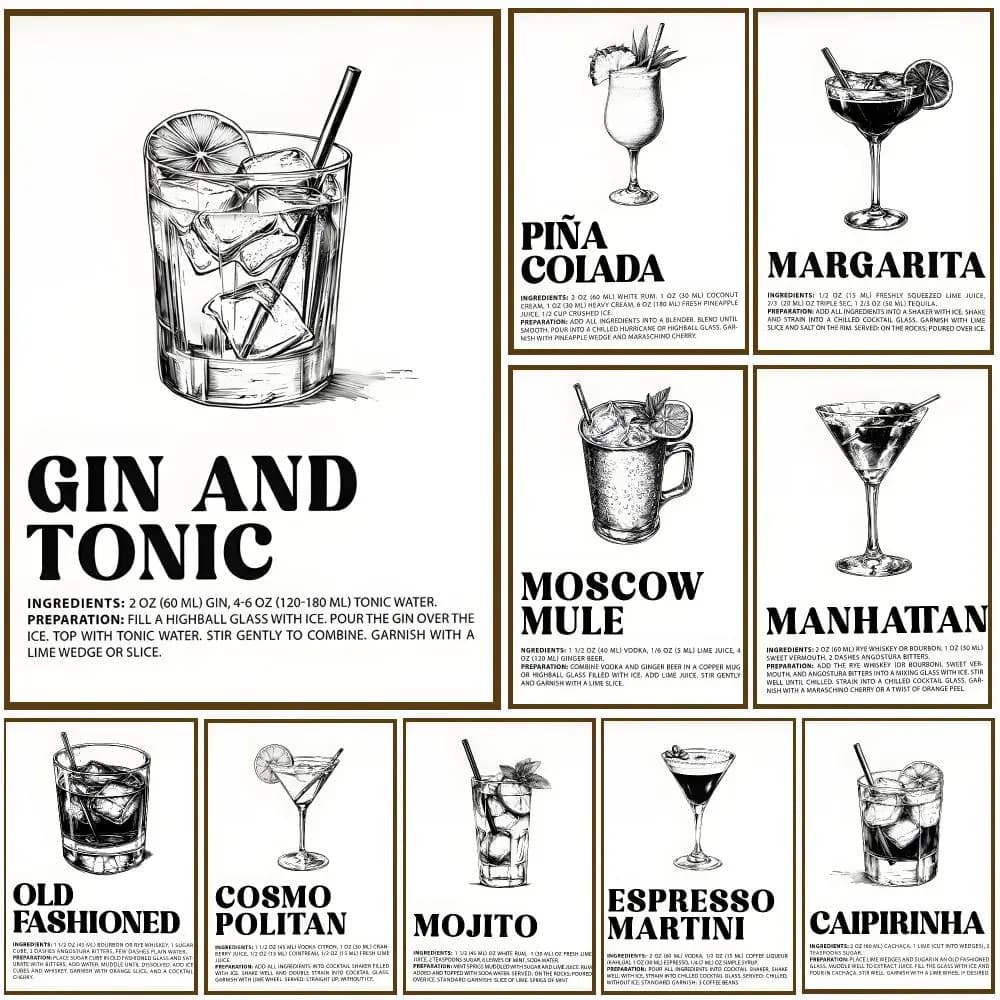Vintage Old Fashioned Cocktail Recipe Poster Wall Stickers Self Adhesive Painting Art Decals for Bedroom Living Room Home Decor