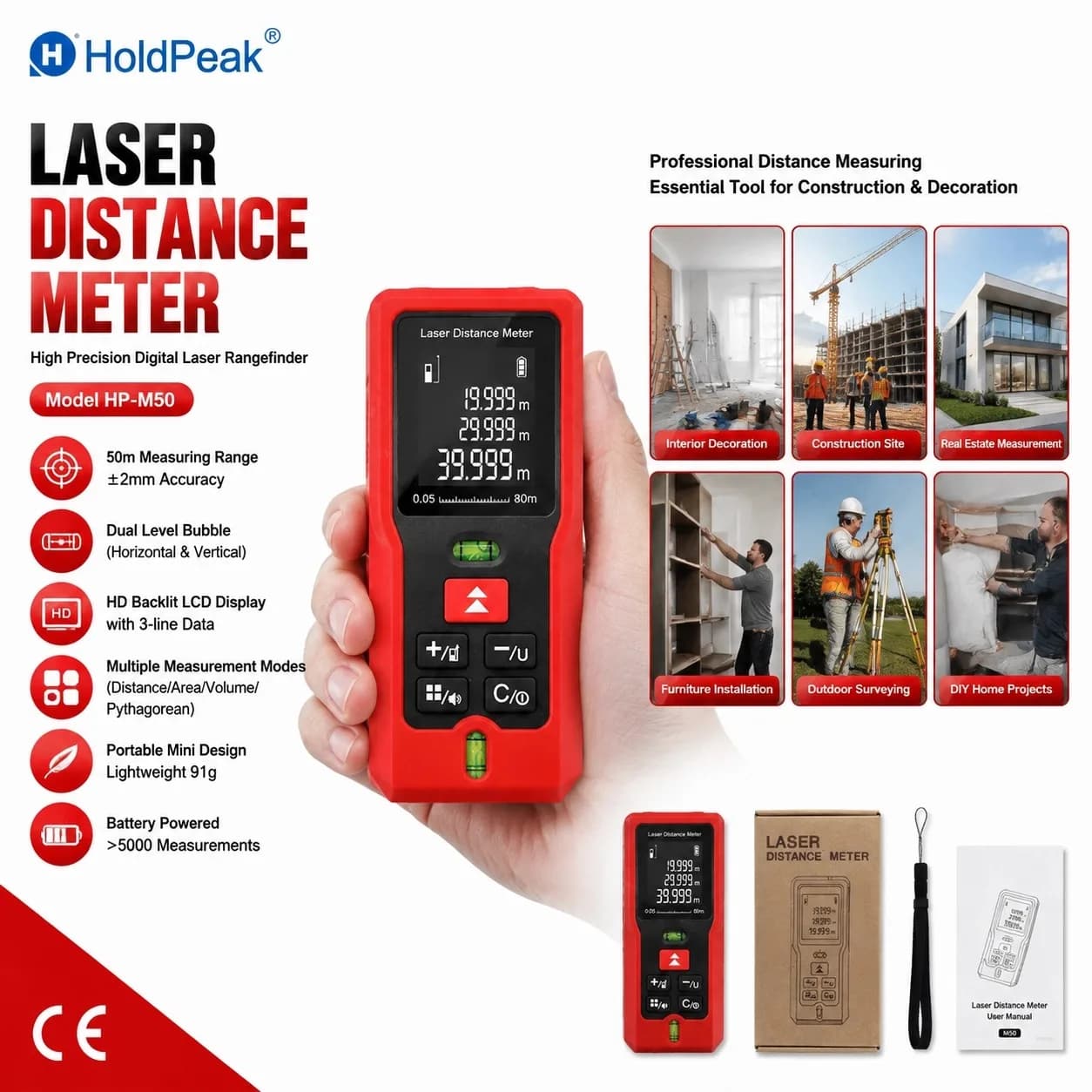 Laser Distance Meter 100m Digital Tape Measure ±2.0mm Accuracy Double Level Bubble Area Volume Pythagorean for Construction