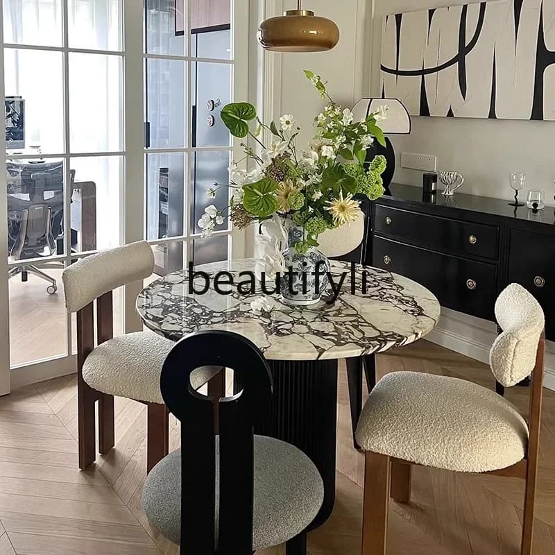 LXFrench retro cream style marble round dining table solid wood medium and ancient style small round tableSSS