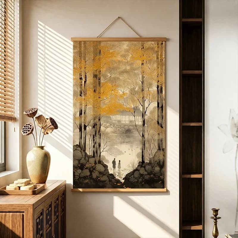 Wall Decorations Misty Autumn Gardens and Quiet Pavilions, Oriental Landscape Pearlescent Canvas Hanging Scroll for Japanese Inn