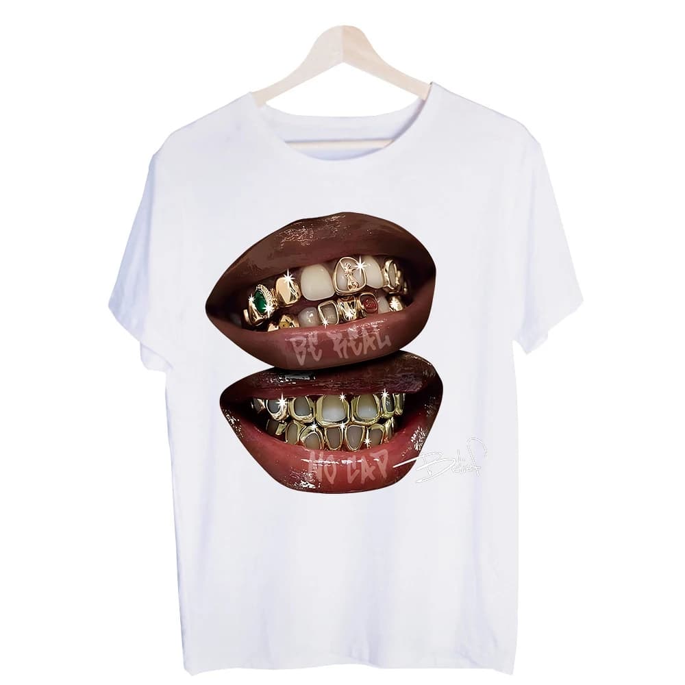 Men's Mouth with Grillz Graphic Tee, Short Sleeve Crew Neck T-Shirt for Urban Streetwear and Casual Outfits