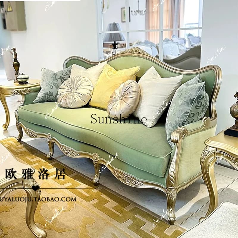 French light luxury sofa solid wood fabric green velvet carved living room high-end villa   FT