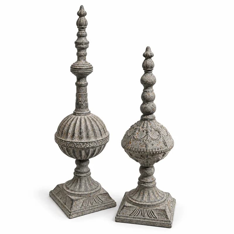 Vintage Iron Decorative Finial, Distressed Grey Ornamental Sculpture for Tabletop Mantel Shelf Decor, 2 Styles