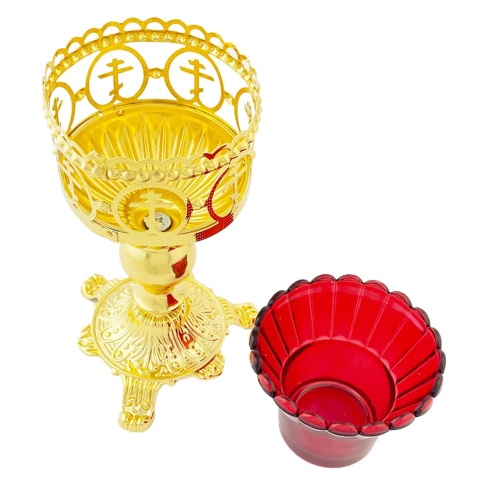 Ornate Handcrafted Orthodox Church Candlestick with Red Glass Insert and Religious Symbol Inlay for Christian Worship Home Altar
