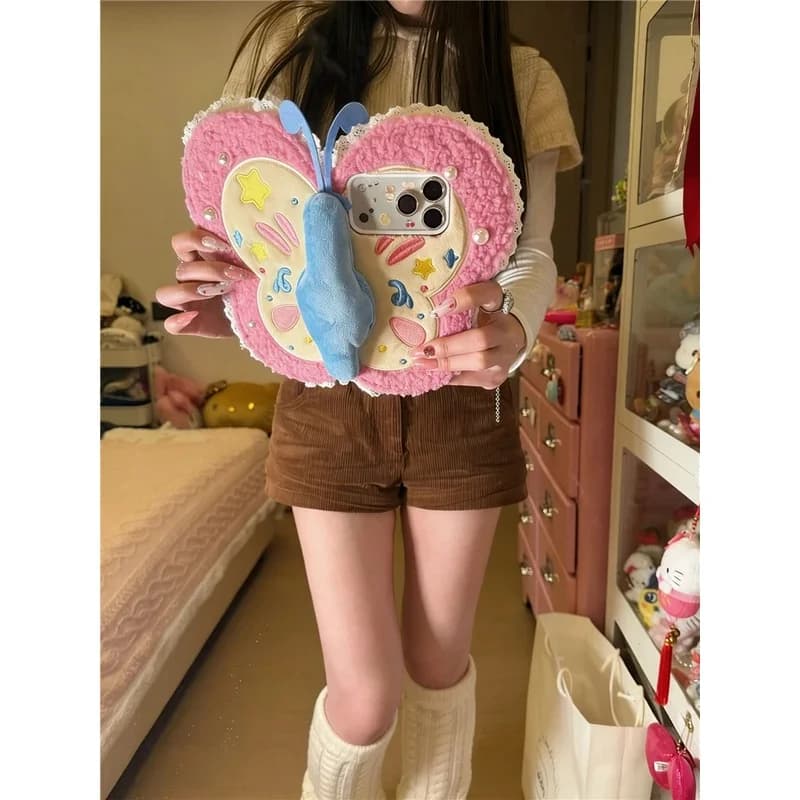 New autumn/winter plush flip phone case with 3D butterfly design, suitable for iPhone 15 and 14, crossbody strap bag.