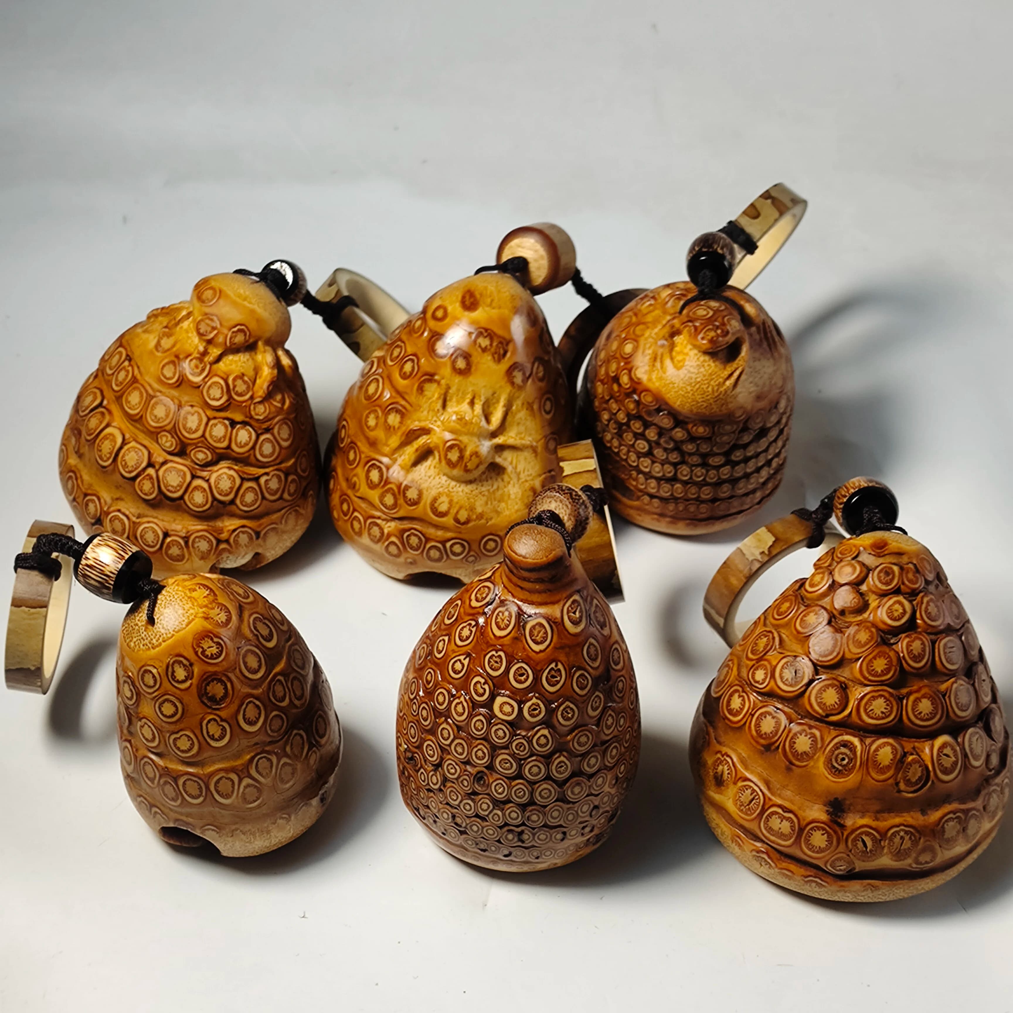 Handcrafted Bamboo Root Carving Feng Shui Creative Collectible Wooden Decor Hand Bell for Housewarming Business Opening Gift