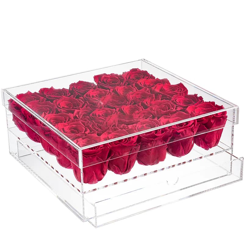 &c Acrylic Handmade Mini Acrylic Flower Box Floating Decorative Square Rose Display Holder with Makeup Organizer