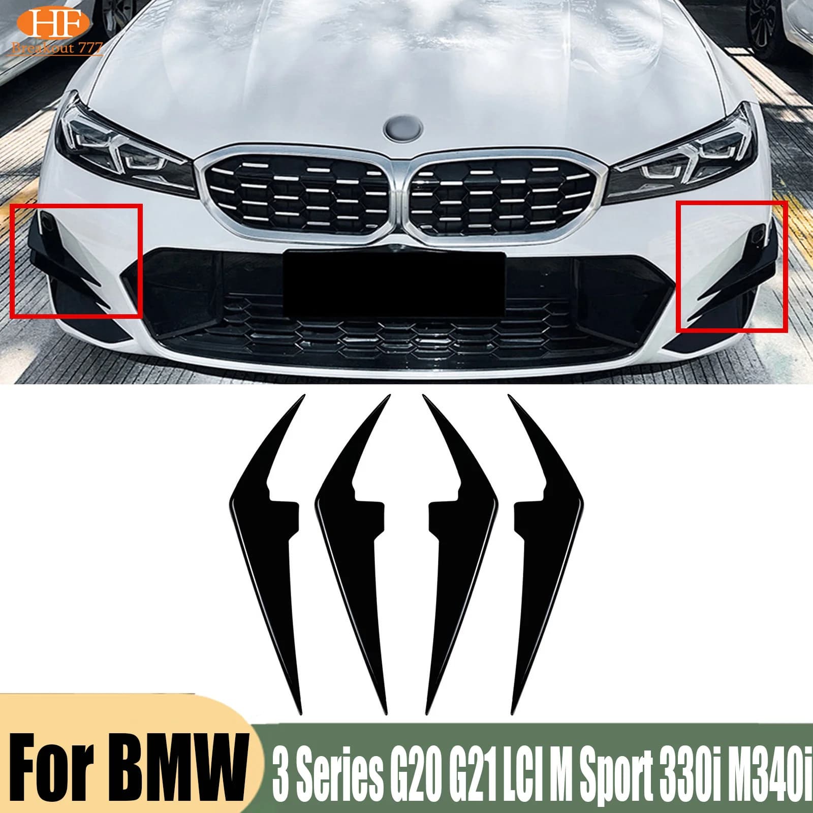 Front Bumper Side Splitter AirVent Trim Blade For BMW 3 Series G20 G21 LCI M Sport 330i M340i 2023-2024