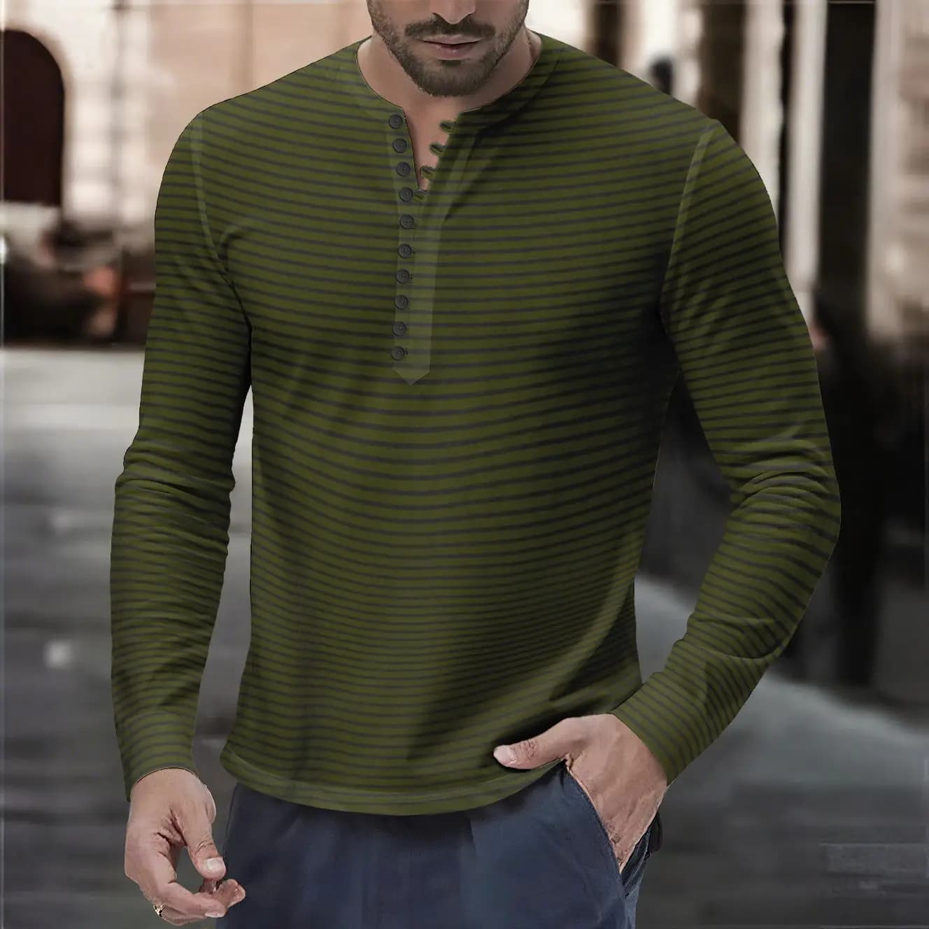 Men's Spring-Autumn Henry Collar Striped Casual Long-Sleeve T-Shirt, Retro Breathable Top with Contrast Color and Button Design