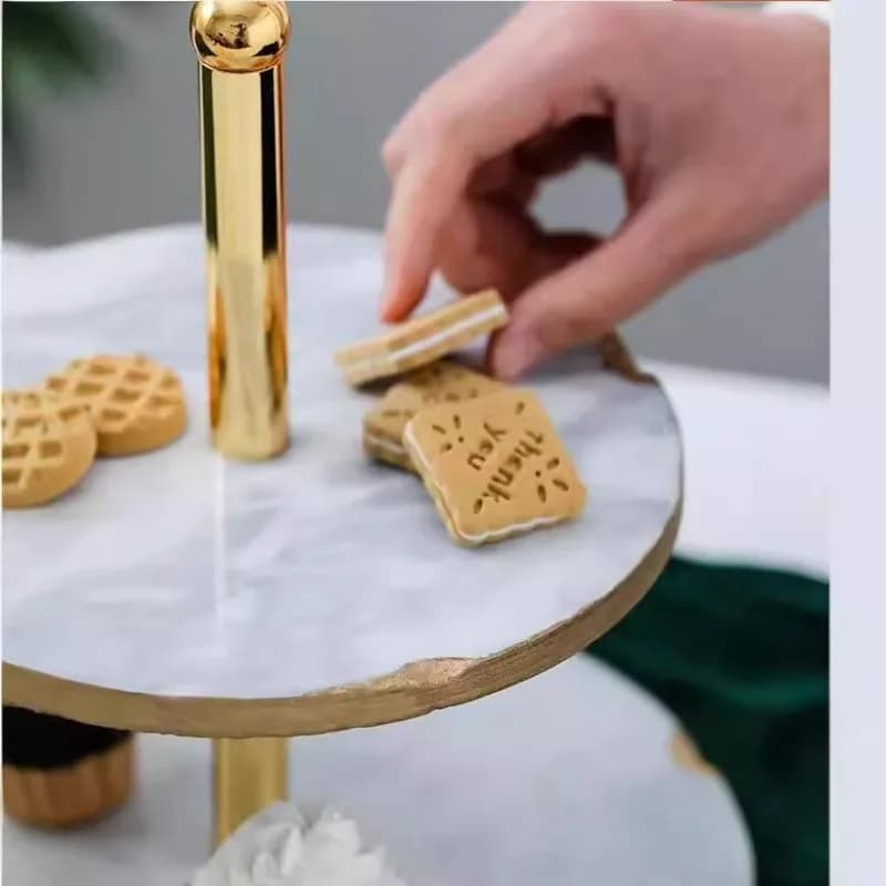 Round Marble Cake Stand 2 Tier Serving Tray with Metal Rod Multi-layer Display Plate for Dessert Pastry Home Party Decor