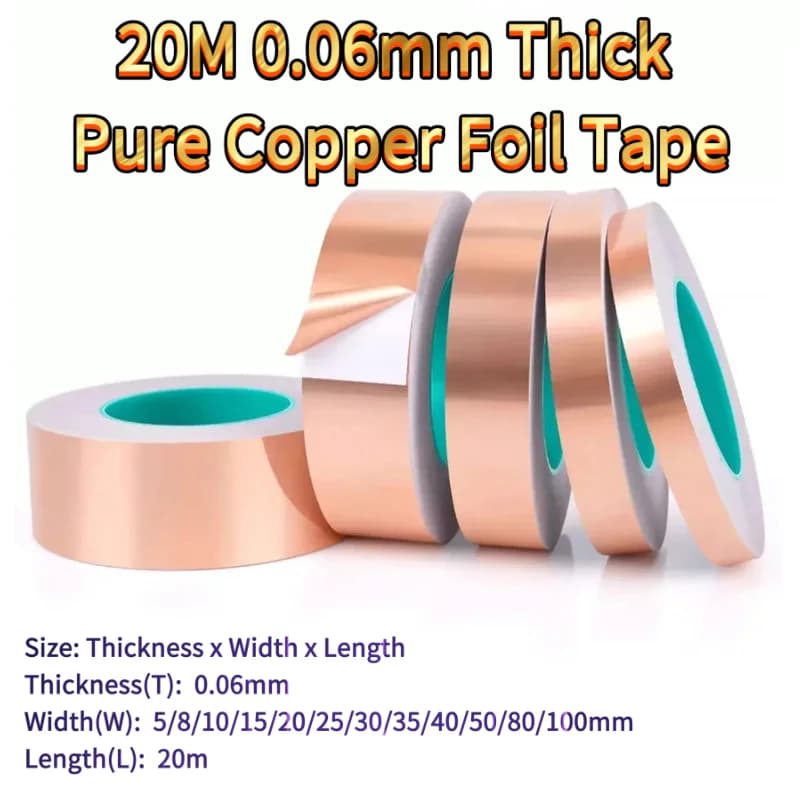 20M 0.06mm Thick Copper Foil Tape, Double Side Conductive EMI Shielding Adhesive Tape Electrical Repair & Circuits