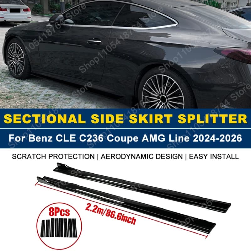 2.2M/86.6" Side Skirts Extension Rocker Panel Splitter For Mercedes Benz CLE C236 Coupe AMG Line 2024-2026 2025 ABS Plastic
