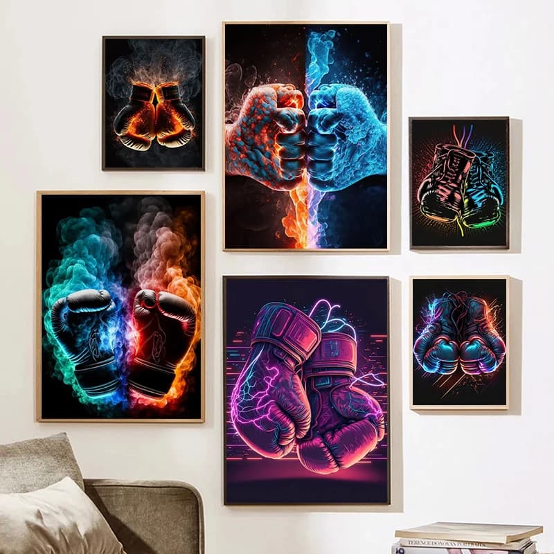 Retro Boxing Gloves Canvas Poster Prints,Modern Aesthetics Boxing Gym Club Background Wall Art for Boys Room Picture Decoration