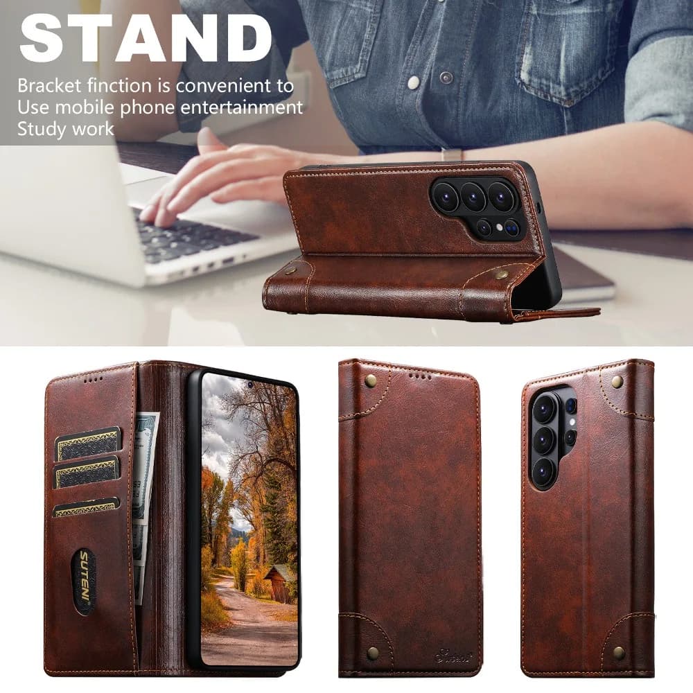 Retro Solid Color Magnetic Flip Phone Cover for Samsung Galaxy S26 S25 S24 S23 Plus S22 Ultra with Built-in Wallet Card Slots