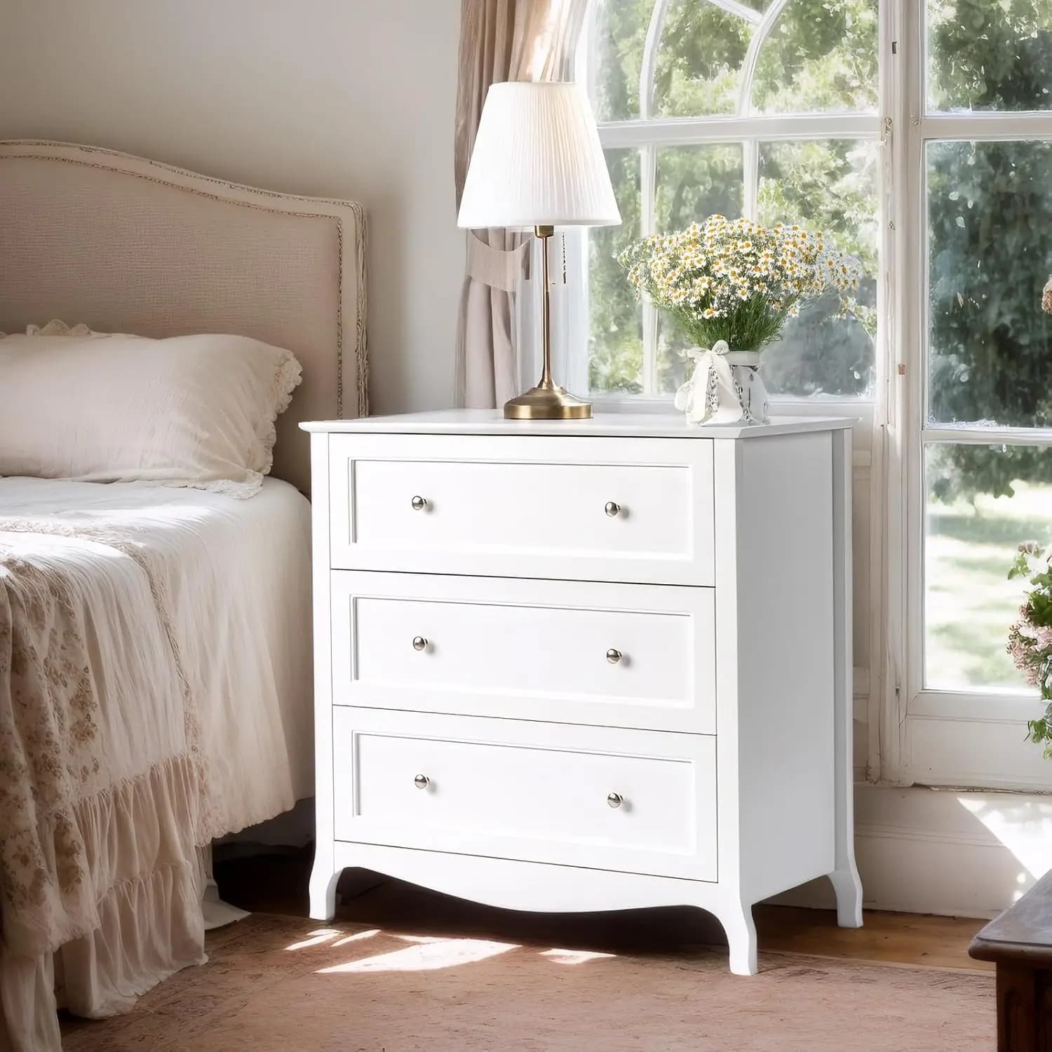 31.5 Wide White Wood 3 Drawer Chest Large luxury  Modern Nordic Vintage Furniture Storage Bedroom Bedside Nightstand Customized