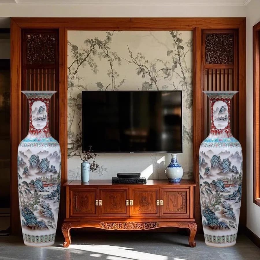 LMM hand-painted pastel landscape Chinese floor-to-ceiling large vase porcelain vase living room TV cabinet
