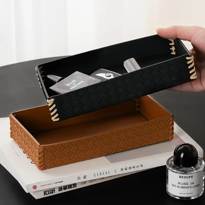 Handmade Woven Faux Leather Rectangular Tray Decor Storage Tray for Cosmetic Perfume Key Jewelry Home Organizer