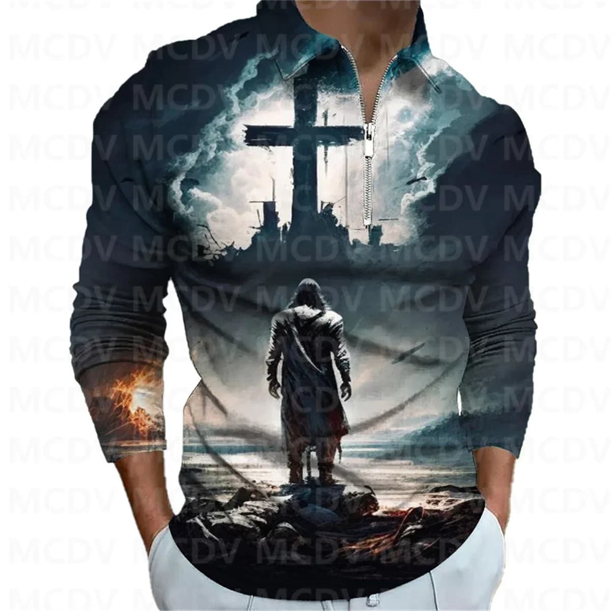 2023 New Men's Long Sleeve Zipper Polo Shirt Jesus 3D Printed Polo Long Sleeve T Shirt Casual Tops