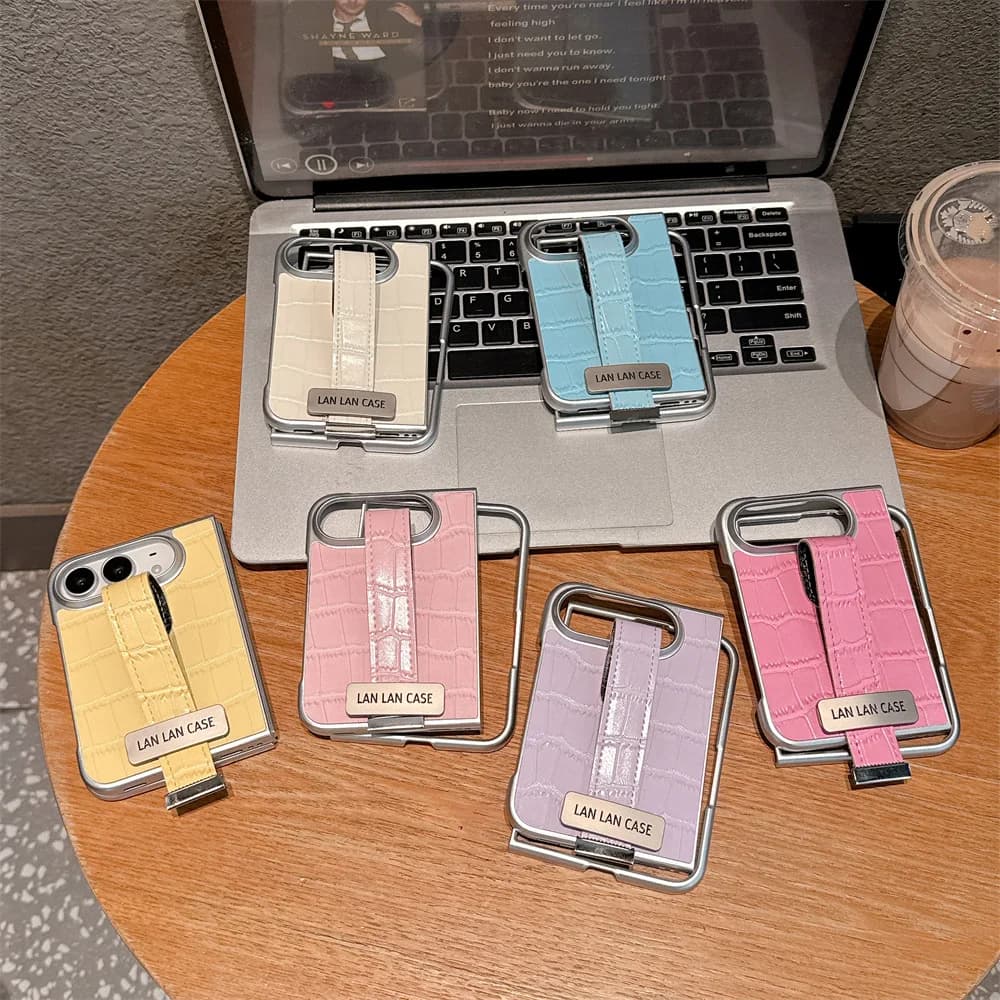 Korea Crocodile Texture Foldable Phone Case For iPhone Duo Hand Strap PU Leather Anti Drop Hinge Protection Cover Multi Colors