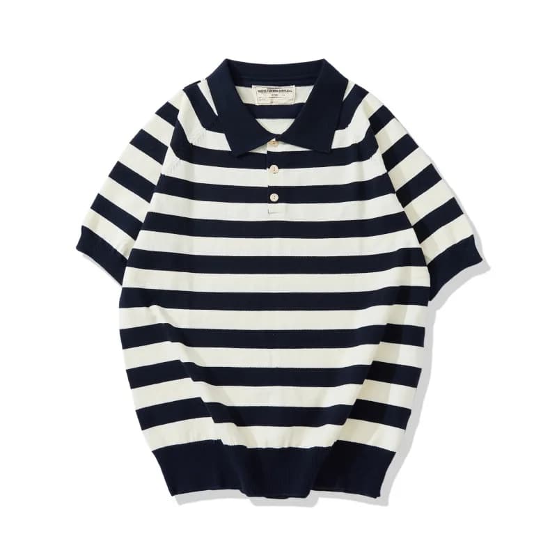 2026 Summer Amikaji New Thick and Heavy Collar Knitted Striped T-shirt Retro Wide Striped Polo Shirt