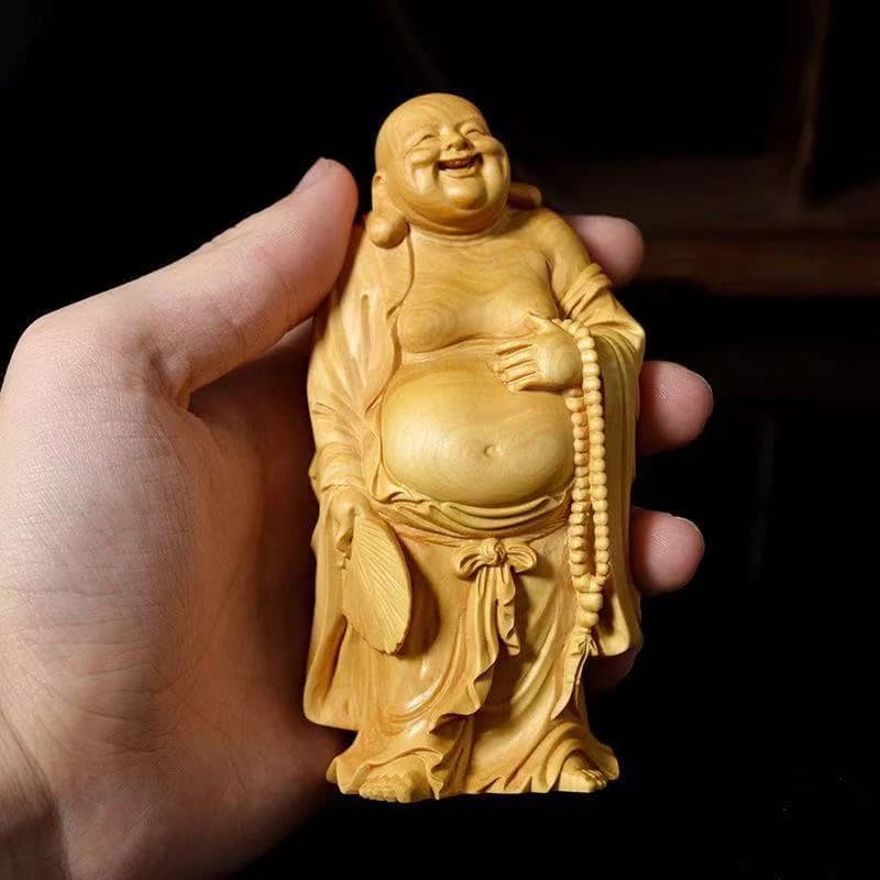 Wood Carving Maitreya Buddha Sculptures and Figurines, Chinese Wooden Home Room Office Table Decoration and Accessories