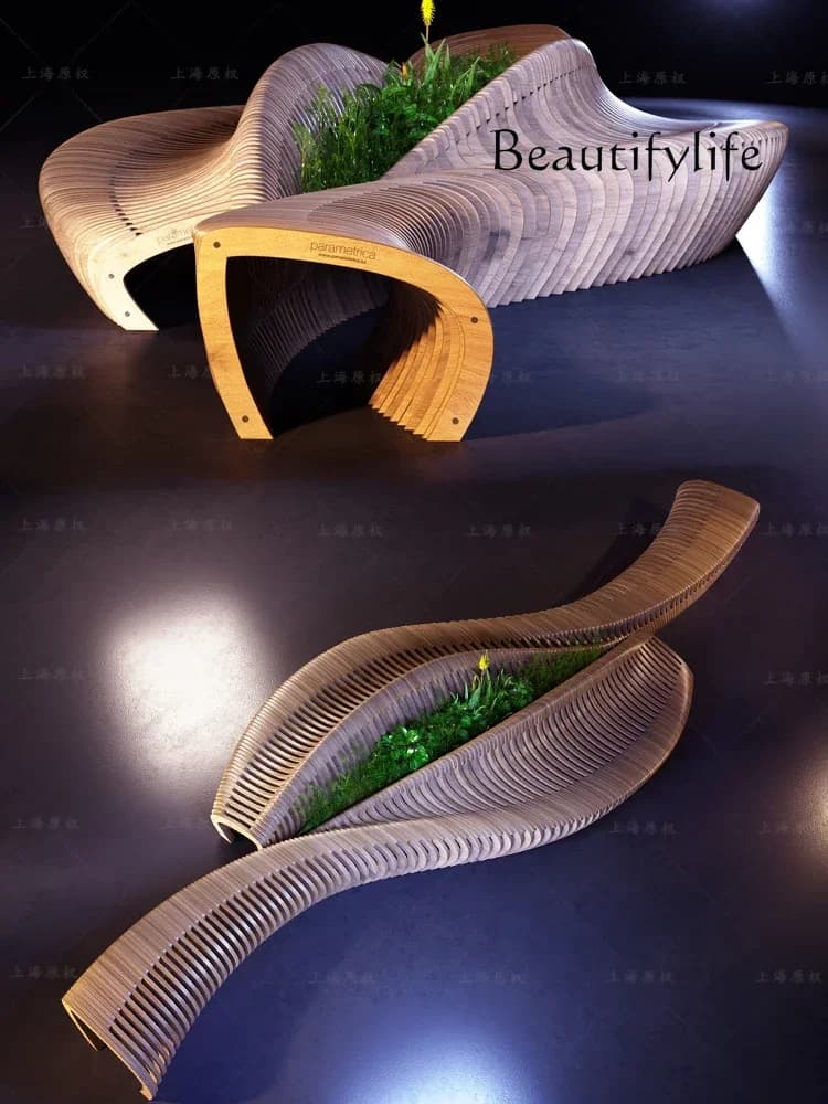 R Outdoor shopping mall anticorrosive wood slice seat fiberglass leisure seat lobby landscape special-shaped bench