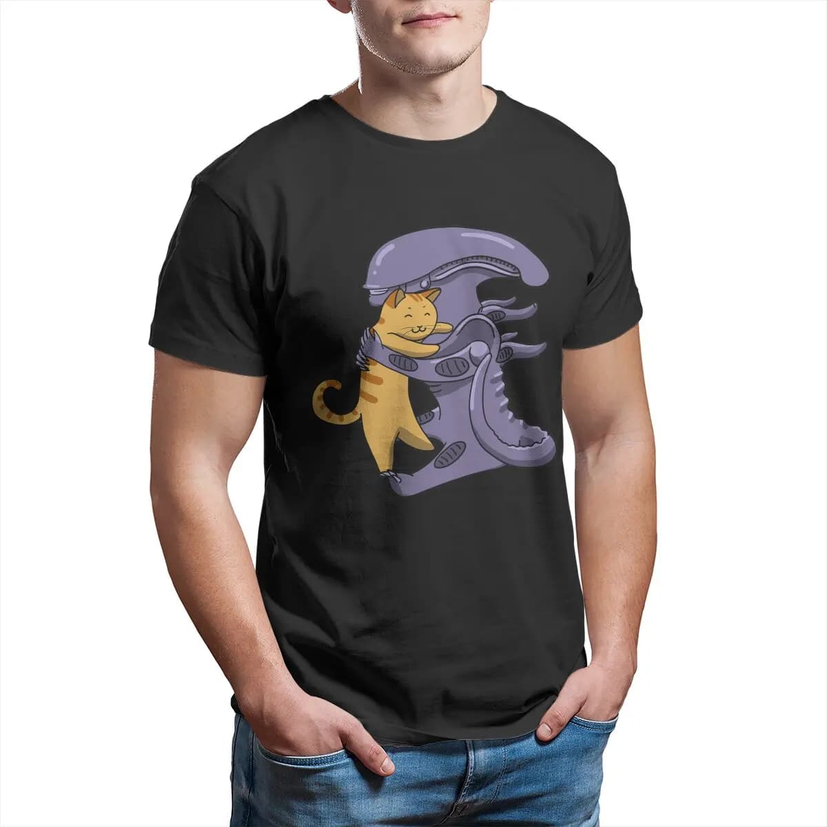 Alien Hugs Cat xenomorph ripley face hugger Cute T-Shirt for Men Novelty 100% cotton Printed t-shirt Big Size mens clothes
