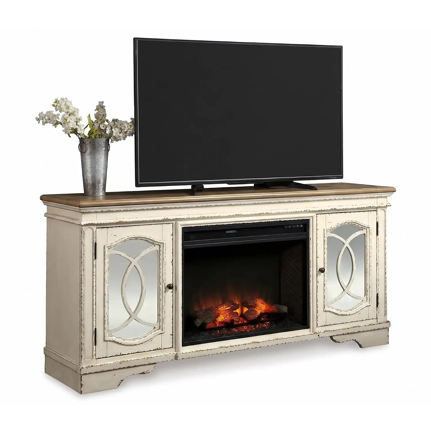 74" Electric Fireplace TV Stand, Chipped White