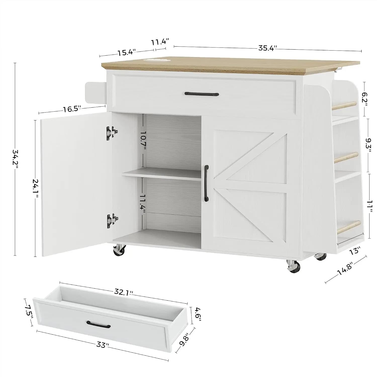35.4" Rolling Kitchen Island with Drop Leaf, Storage Cabinets, Power Outlet & Lockable Wheels, Kitchen Cart, White