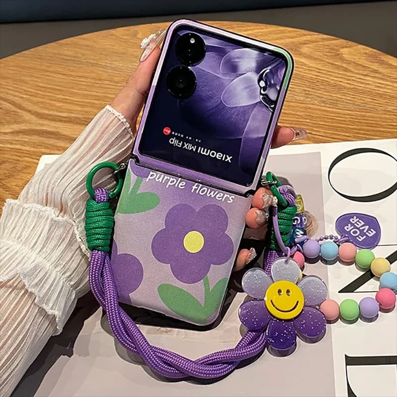 Kawaii Purple sunflower flip phone case for Xiaomi mix flip / Xiaomi mix flip 2 case cute Leather cover with hinge