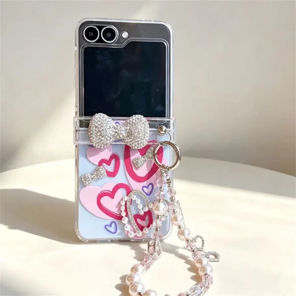 Cute Heart Bow Magnetic Stand Phone Case For Samsung Galaxy Z Flip 8 7 6 5 Clear Hard Cover With Crystal Beaded Wrist Strap
