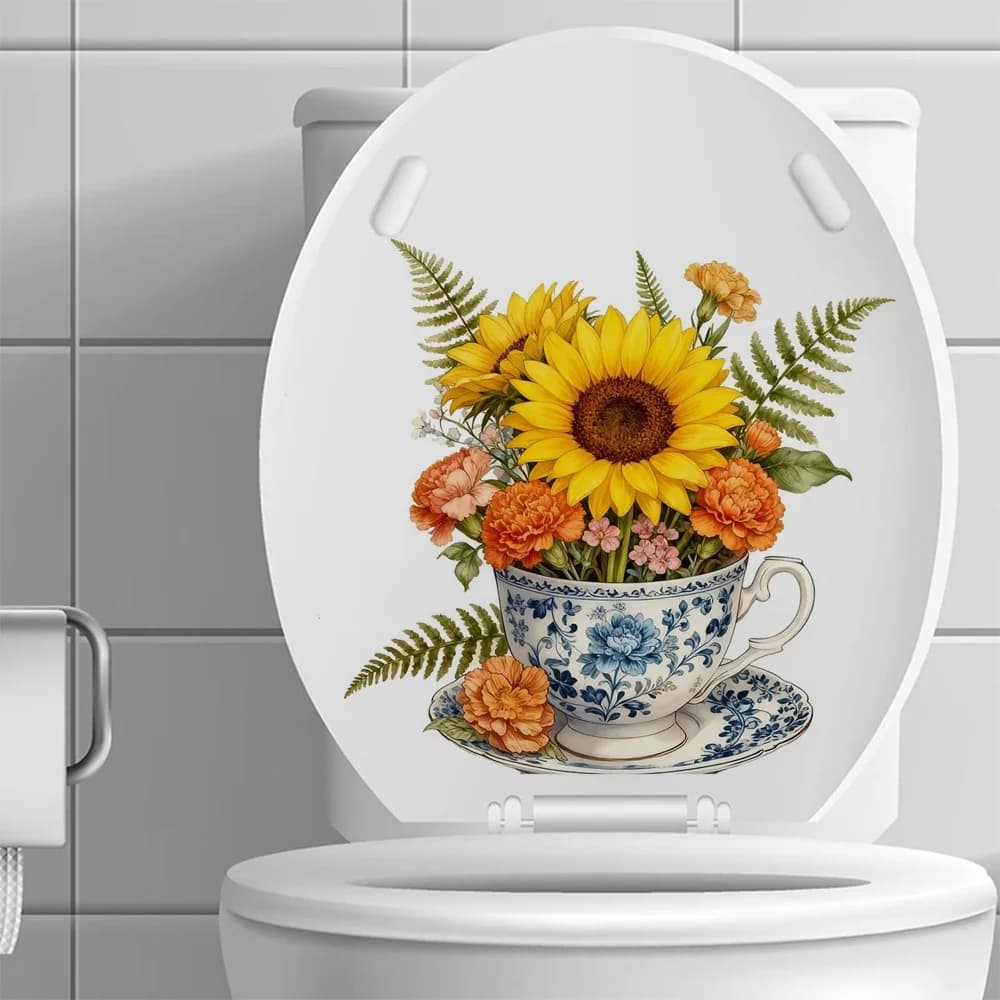 Floral Tea Set Vinyl Sticker, Wall Decal Removable, Reusable Vinyl Car Sticker for Toilet Lid, Bathroom Decor