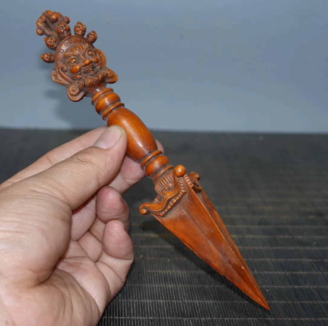 8" Collect China Box-wood Carving Phurba Holder Xiangmo-chu Statue
