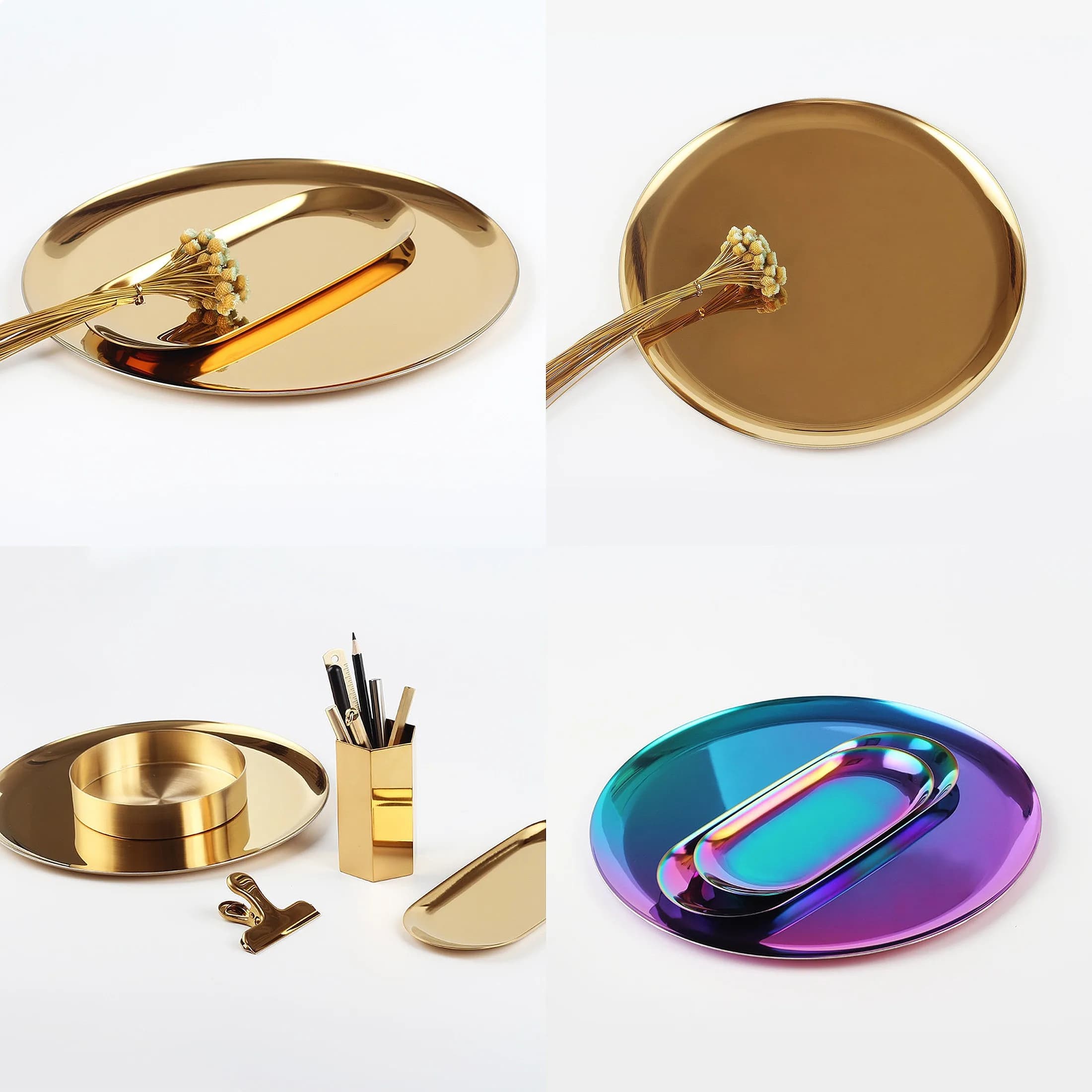 Gold Stainless Steel Round Tray Ins Style Fruit Snack Serving Plate Storage Tray for Home Kitchen