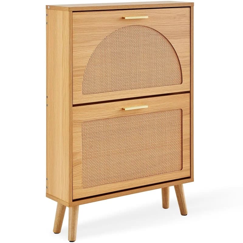 Shoe cabinet 2 flip drawers, rattan door porch living room storage cabinet, modern design