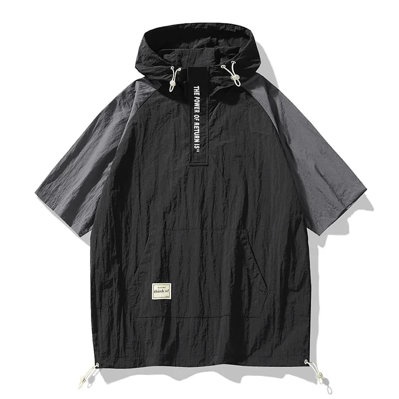Short Sleeved T-shirt Men's Summer Trend College Style Loose Versatile Short Sleeved Hooded Sweatshirt Half Zip Pullover Top