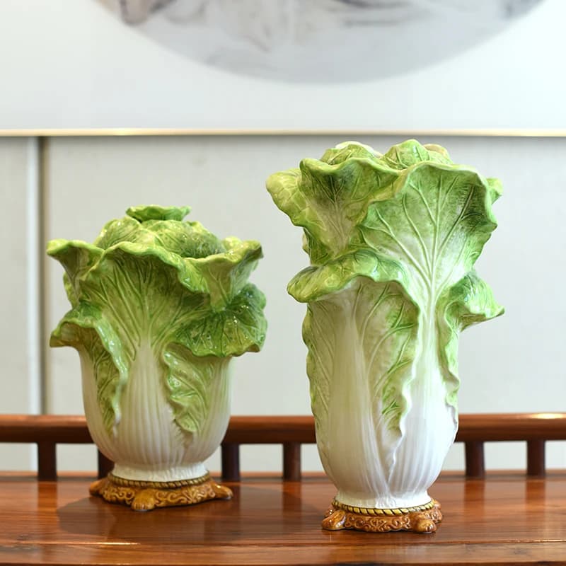 Lucky Cabbage Ceramic Vase & Sealed Canister for Artificial Flowers or Coffee Beans Storage Home Decor for Entryway Bar Cabinet