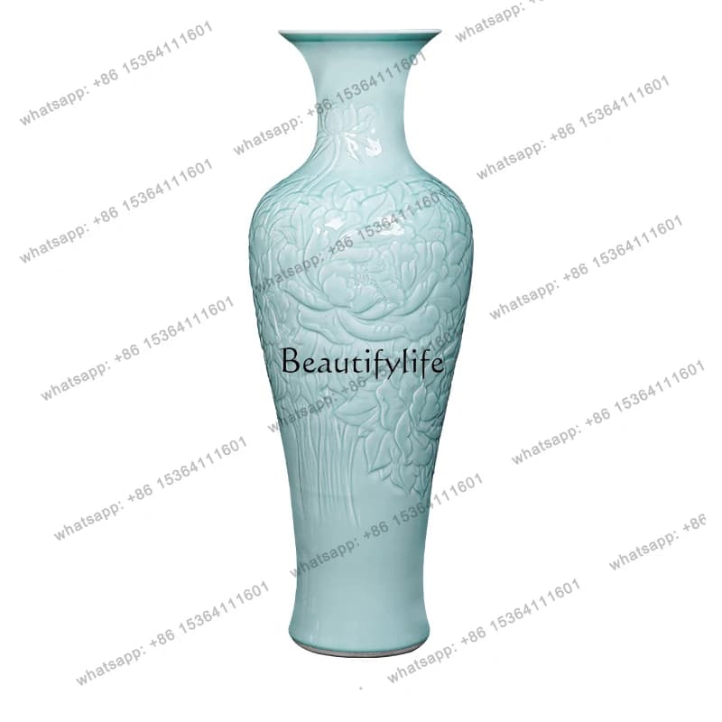 z*Jingdezhen green glaze ceramics floor-to-ceiling large vase hand-carved peony lotus