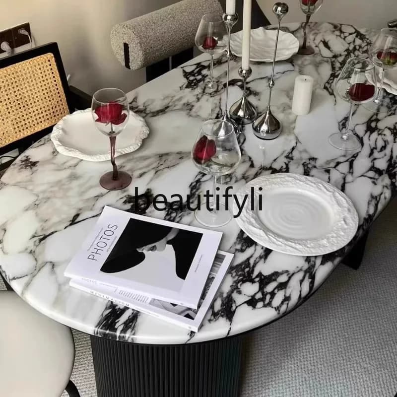 French Style Marble Dining Table Vintage Light Luxury Oval Rock Plate Italian Dining Table and Chair Set