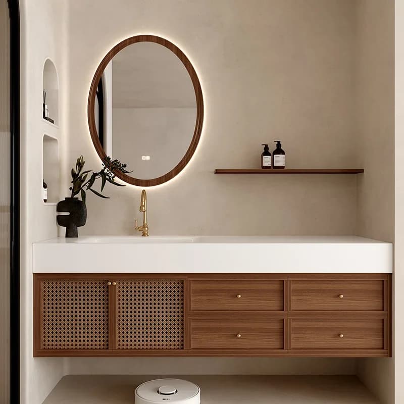 Medieval walnut rock slab integrated basin bathroom cabinet combination washbasin customization