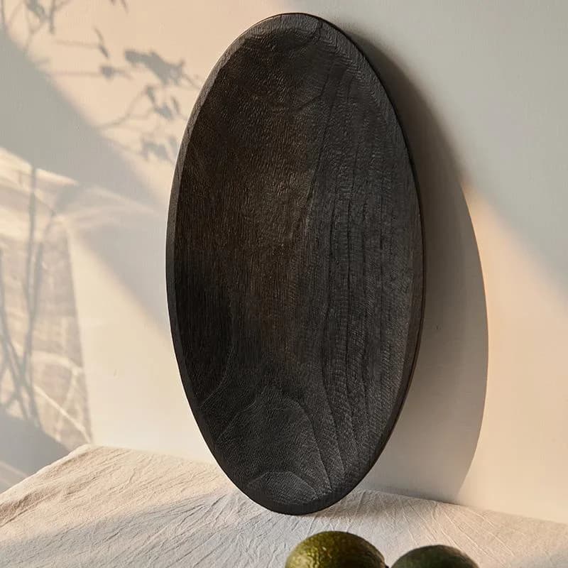 Retro Oval Wooden Fruit Plate Candle Tray, Black Solid Wood Fruit Plate Homestay Home Decoration