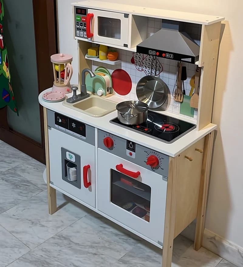 Kids Wooden Pretend Play Refrigerator Kitchen Toy Set Smart Water‑Out Cookware Early Educational Cooking Game for Toddler