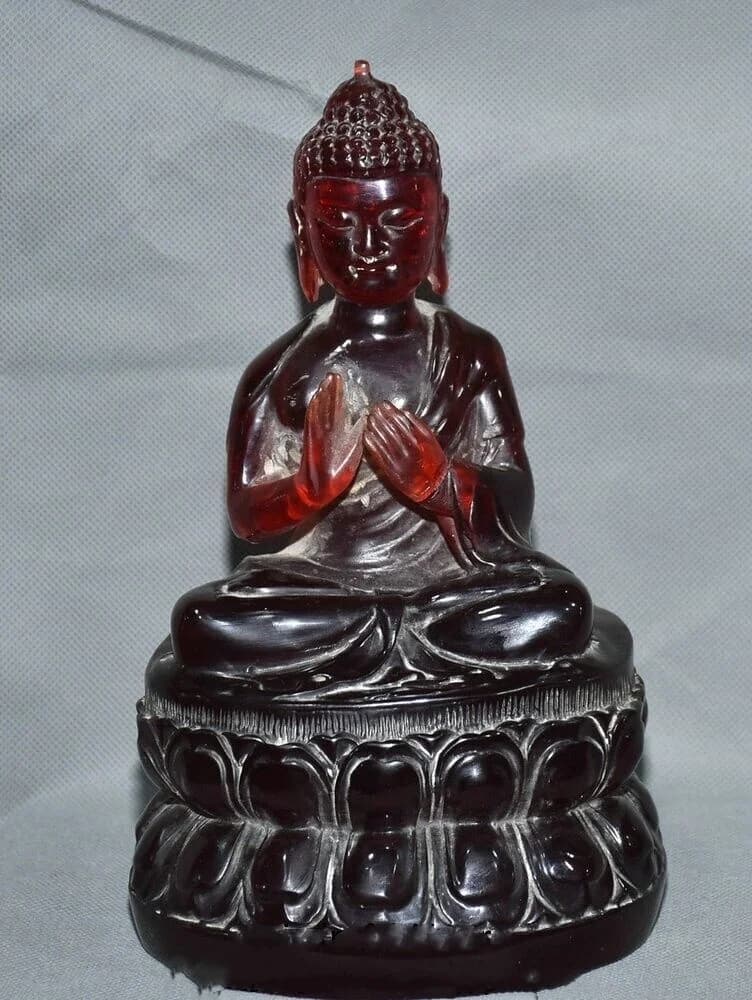 Chinese Collectible Buddhism Red Amber Lotus Base Amitabha Shakyamuni Buddha Statue