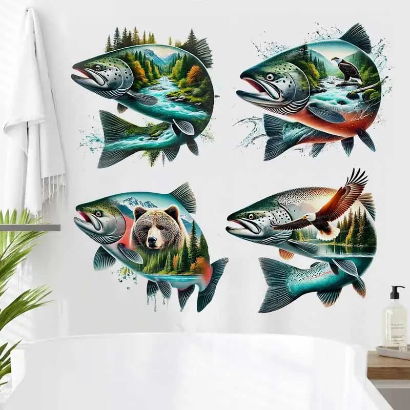 Natural Salmon Wildlife Art Fish Wall Sticker Decor Living Room Cabinet Refrigerator Home Decoration Decals Stickers M1235